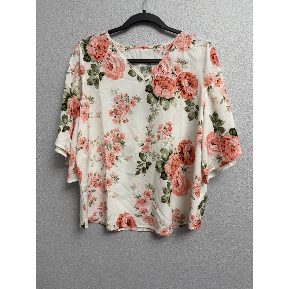 Floral V-Neck Blouse Split Flutter Sleeves Rose 2XL Bloomcore Boho Cottagecore